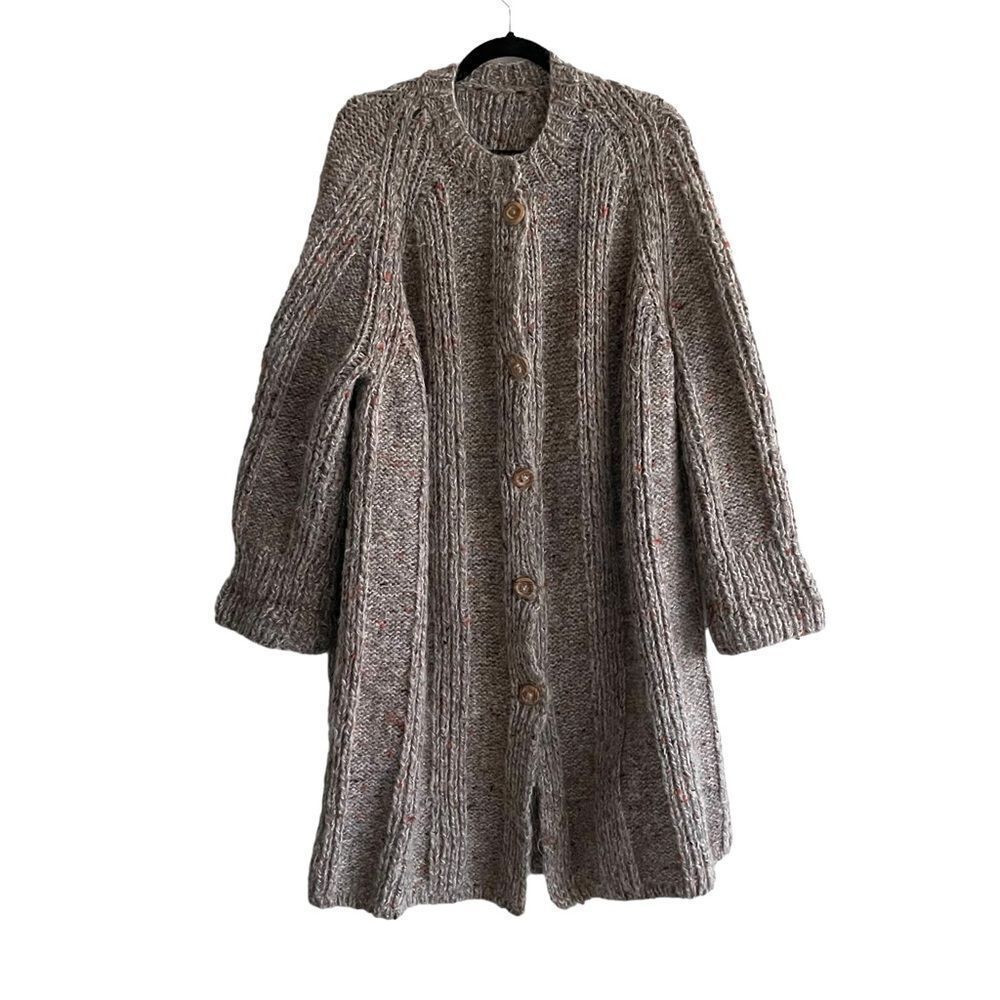HAND KNIT Wool Long Sleeve Button Front Cardigan Sweater Coat Jacket Gray XL